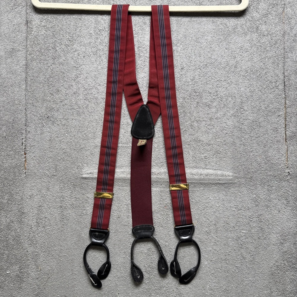 Trafalgar‎ Suspenders Red Striped Button End Braces Leather Gold Brass Tone